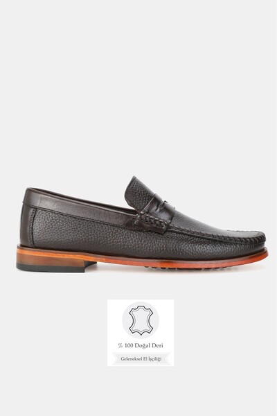 TUNAELLİ Men's Brown Genuine Natural Leather Leather Sole Loafer Daily Shoes