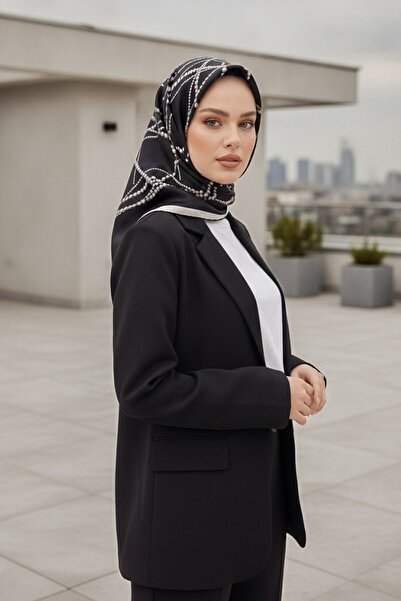 Vissona %100 Twill İpek İnci Desenli Siyah - Beyaz Renkli 90x90 Eşarp Kenar D...