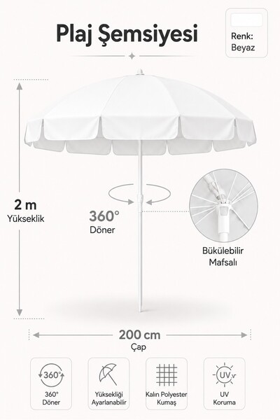 Düvenci Beyaz Plaj Şemsiyesi 200 cm, 10 telli