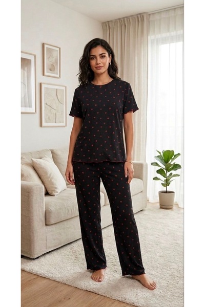 fameshomewear Summer Short Sleeve Heart Black Buttoned Pajama Set