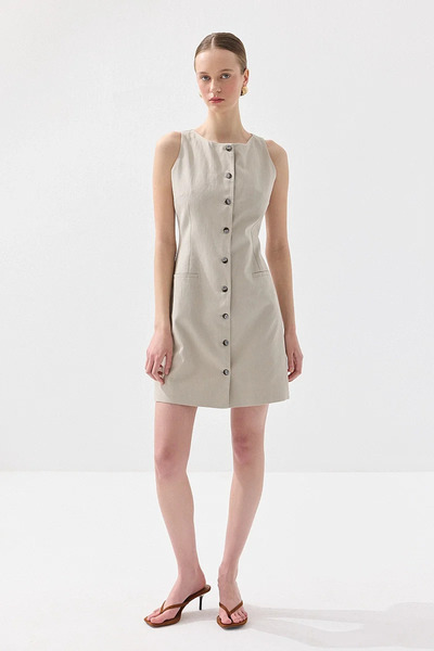 Gusto Rochie Gilet din in, fără mâneci, cu nasturi - Stone