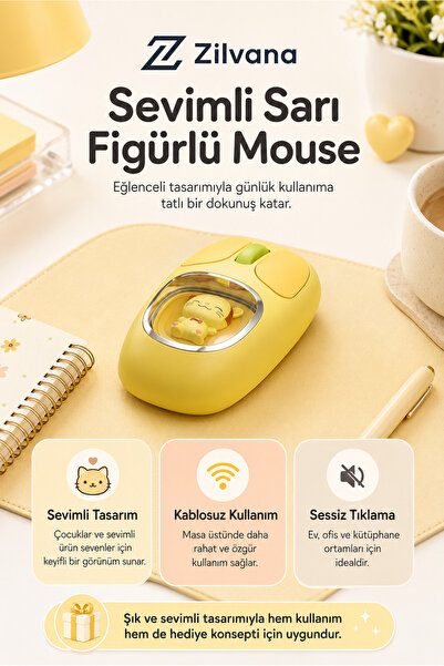 Zilvana Pikacu Detaylı Sevimli Bluetooth Kablosuz Mouse Şarjlı Sessiz Çift Mod