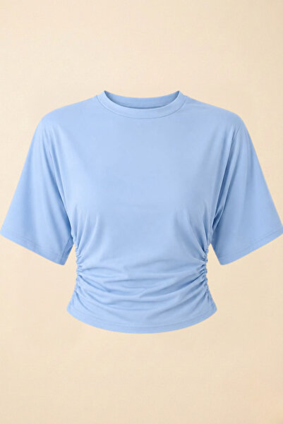 Potenza Women's T-Shirt Short Batwing Sleeve Crew Neck Side Gathered Pleated ...