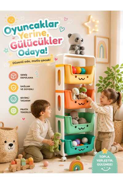 DEKOZUM JERRY 4 Katlı Oyuncak Dolabı, Oyuncak Organizeri, Sepetli Oyuncak Dol...