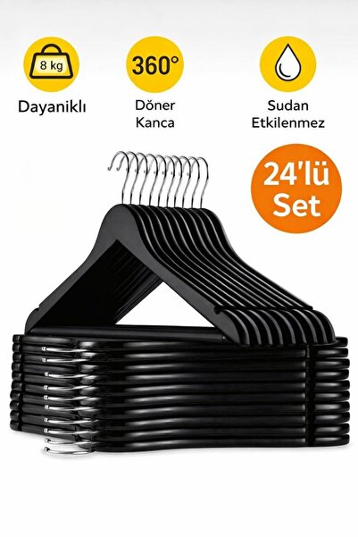 LUXQEN 24 Adet Elbise Askısı Ahşap Görünümlü Plastik Siyah Askı Pantolon Göml...