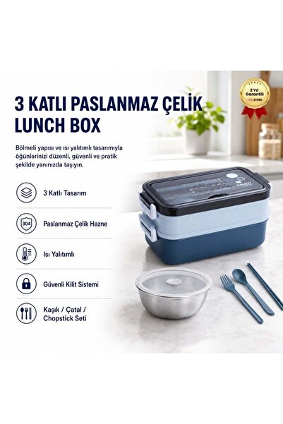 hızlı store Blue Stainless Steel 3-Tier Food Carrying Container Thermally Ins...