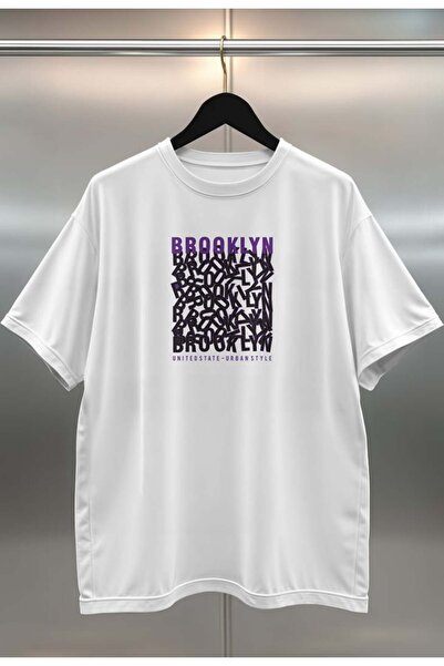 buzagi tasarım ürünleri Brooklyn Digital Print Oversize White Unisex T-Shirt