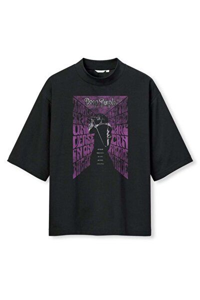 buzagi tasarım ürünleri Deep Purple Digital Print Oversize Black Unisex T-Shirt
