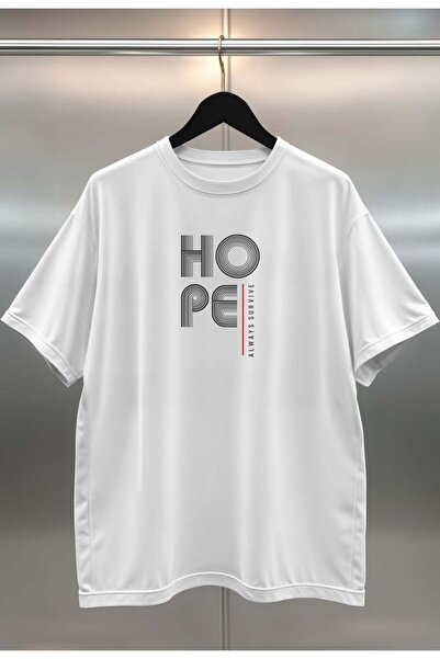 buzagi Hope Digital Printing Oversize Unisex White T-Shirt