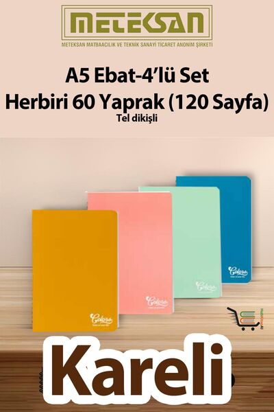 Meteksan 60 Yaprak (120 Sayfa) Okul Defteri - Not Defteri 4'lü Set A5 Ebat Te...
