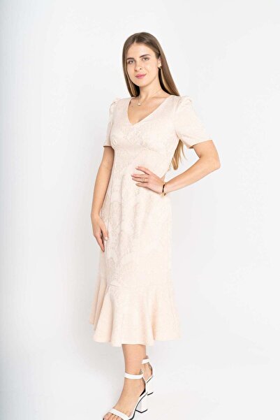 mica Elegant Short Sleeve Midi Dress with Deep V-Neck
