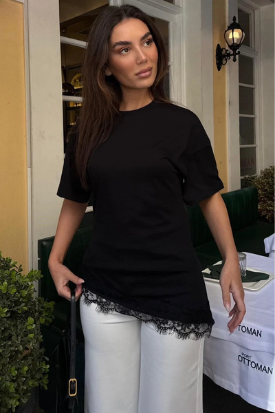 Mzr Collection KADIN ASİMETRİK DANTEL DETAYLI PAMUK RAHAT KESİM T-SHIRTH