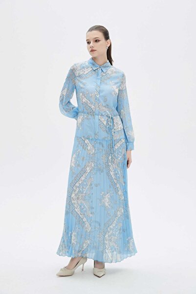 mica Women's Long Pleated Printed Dress with Long Sleeves and Shirt Collar