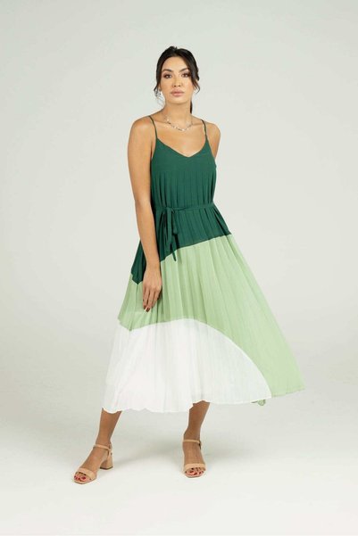 mica Multi-Color Puff Strap Midi Dress with Waist Belt