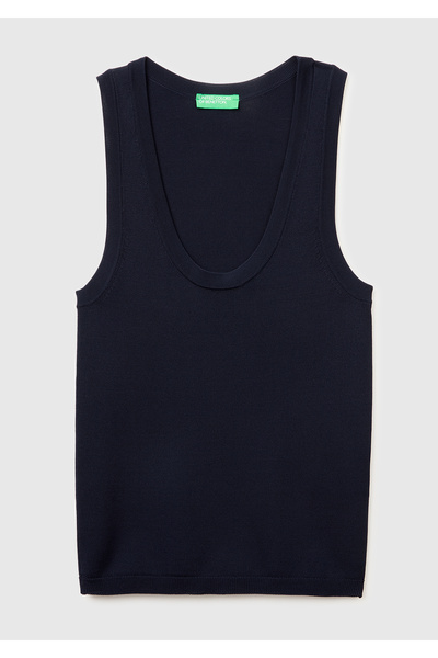 United Colors of Benetton Women's navy blue viscose blend slim fit wide round...