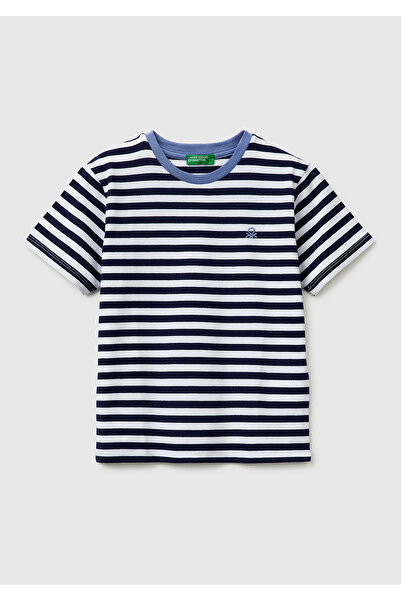 United Colors of Benetton Boy's blue mix yarn dyed logo embroidered striped c...