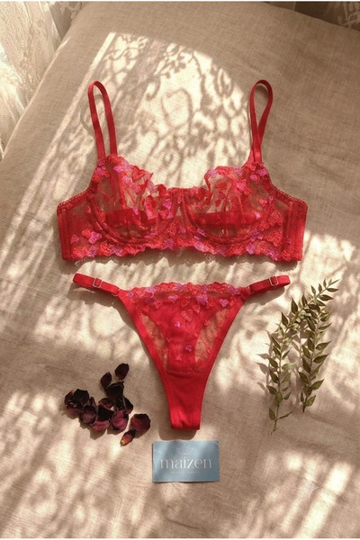 MAİZEN Set sutien pentru femei, cu inimă roșie, transparent, cu sârmă, fără c...