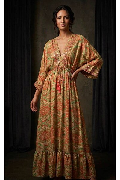 moda gk V-Neck Ethnic Patterned Imported Silk Maxi Dress