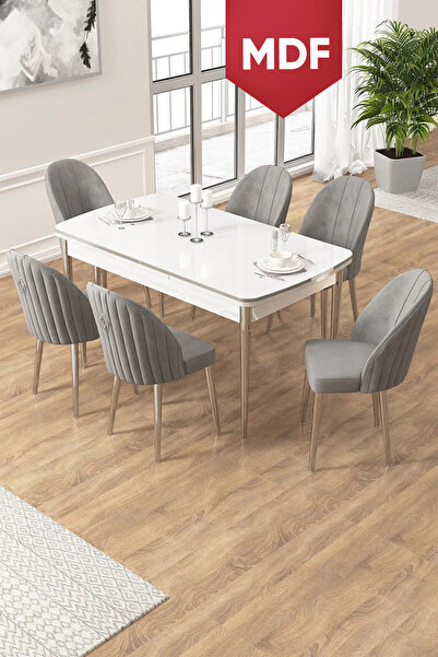 Canisa Edaf Serisi 80x132 MDF Açılabilir Beyaz Mutfak Masa Takımı 6 Gri Sanda...