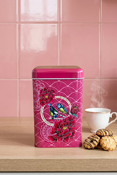 EVLE Ef022-d8 Blooming Red Desenli Kare Metal Saklama Kabı 11x11 Cm