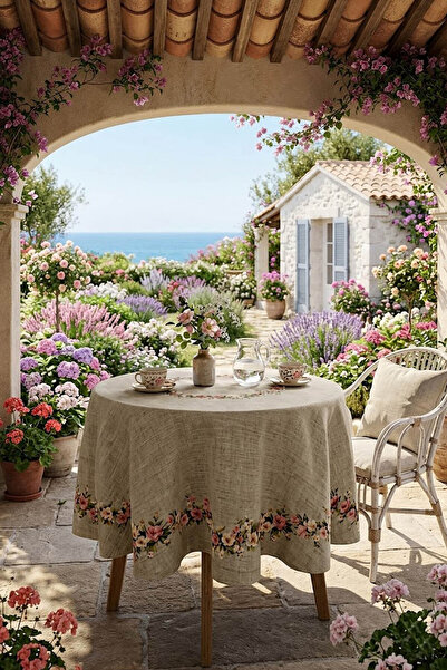 Çt Çeyizci Tekstil Round Cross-Stitch Printed Coffee Tablecloth Digital Printed