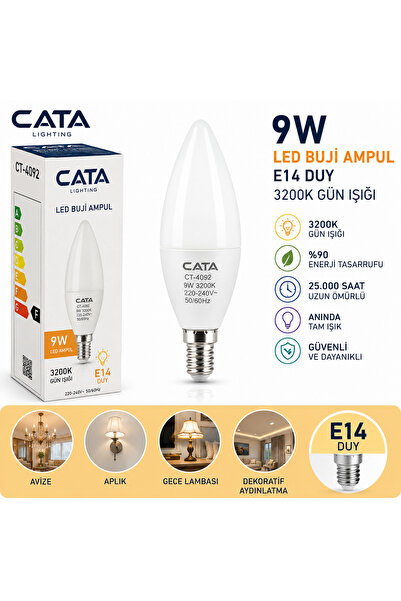 sepetra Cata CT-4092 E14 LED Buji Ampul 9 Watt 3200K Gün Işığı Avize ve Aplik...