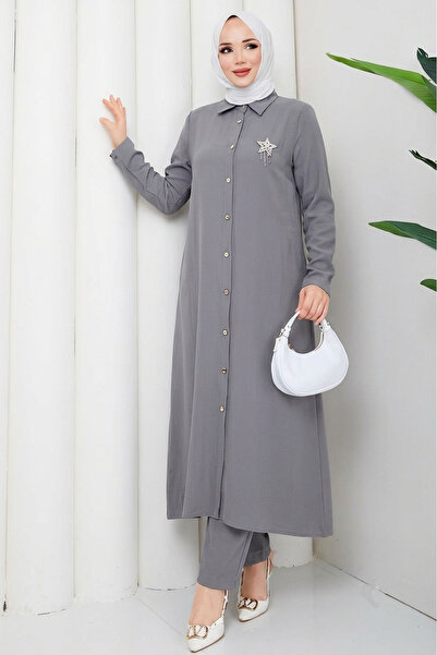Soft Organic Fabric Shirt Collar Hijab Women's Long Tunic Two Piece Set with Pants 10133