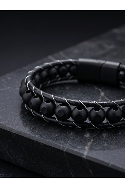 Parmas Design Patterned Onyx Natural Stone Leather Cord Men's Gift Bracelet 0...
