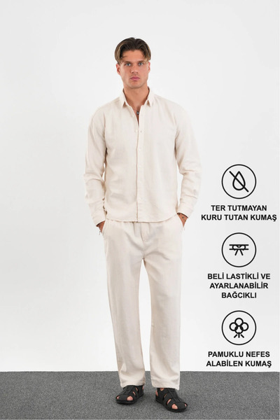 Redline Flare Kışlık Baggy Pantolon Oversize Gömlek Alt Üst Takım %100 Pamuk Bej