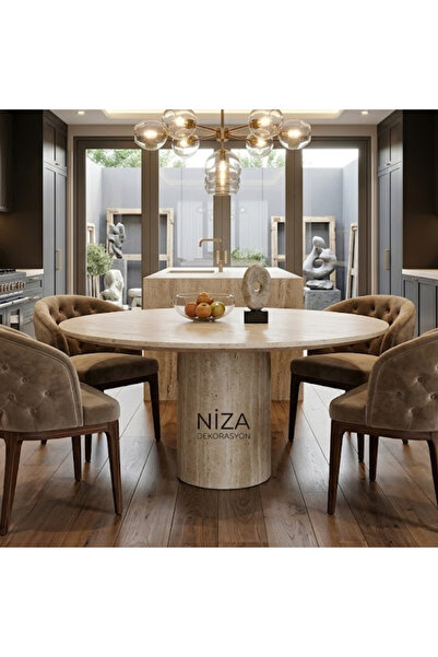 niza dekorasyon DOĞAL TRAVERTEN KALIN SİLİNDİR AYAK OVAL MASA