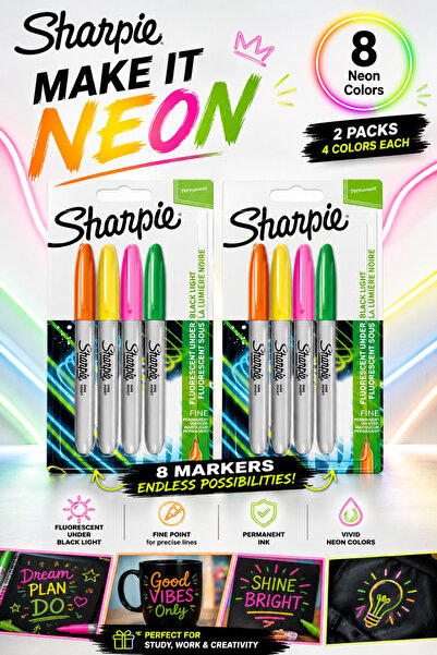 Sharpie 2 Packs 8 Fine Point Permanent Markers Neon Colors Fluorescent Under ...