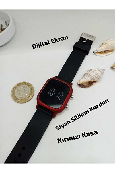 Brality (SİYAH RENK ) Silikon Kordonlu- KIRMIZI RENK KASA -Dijital Led Ekran ...