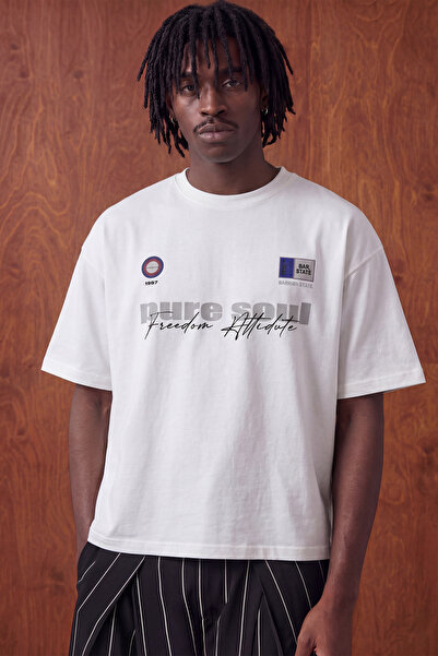 Baskılı Boxy-Fit Erkek Tişört T-Shirt Oversize - Beyaz