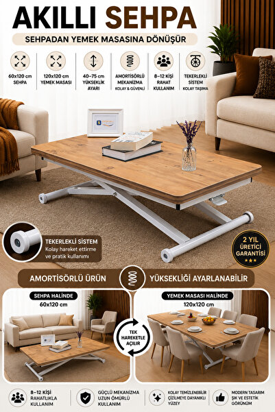 SEHPAM AKILLI Akıllı Sehpa Home Üst Tabla Mdf EfesÇam Alt Mekanizma Beyaz Renk