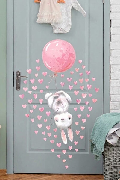 Kt Grup Kız Çocuk Odası Pembe Tavşan Kapı Dolap Duvar Sticker Seti