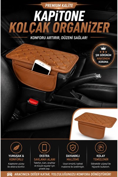 ECARTEKS PREMİUM QUALİTY CAR ACCESSORİES Car Leather Tan Quilted Auto Armrest Cover Armrest Organizer – 18X30 cm Armrest Protector