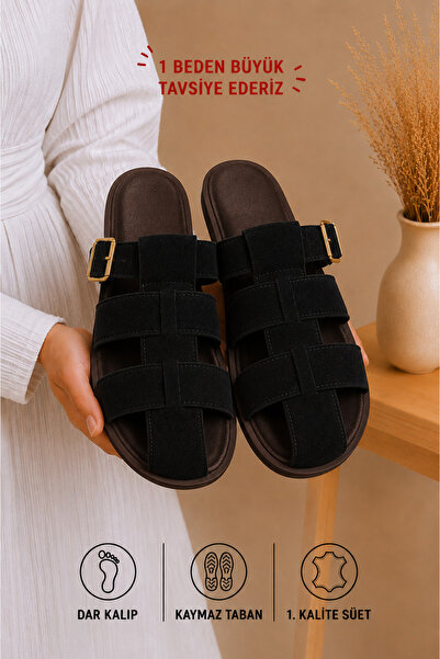 star shoes Black Suede Belt Detailed Gold Buckle Flat Sole Summer Comfortable...