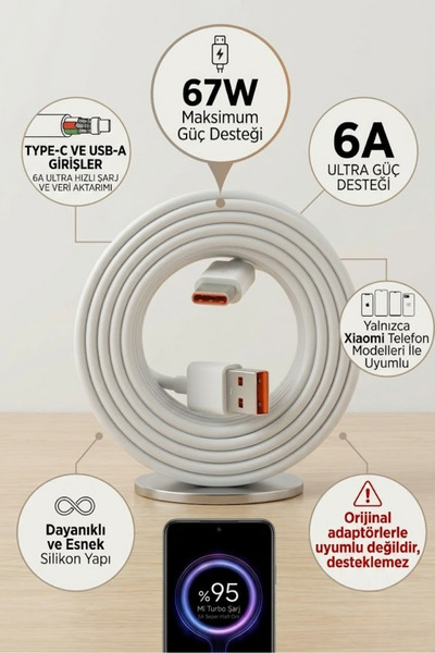 yumax Type-C Şarj Kablosu 6A Hızlı Şarj 67W USB C Data Transfer Android Uyuml...