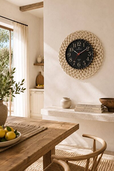 home inn Bohemian Wicker Framed Black Detailed Wall Clock – Modern Looking De...