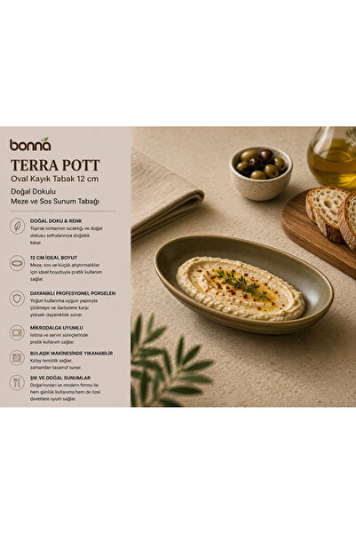 Bonnami Bonna Terra Pott Oval Kayık Tabak 12 cm - Doğal Dokulu Meze ve Sos Su...
