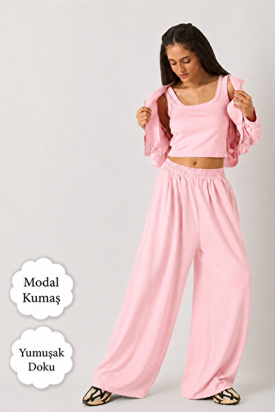 The Champ Clothing Γυναικείο σετ 3 τεμαχίων Modal Livora Pink – Crop Τοπ, Ζακ...