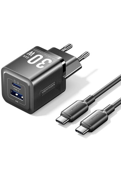 Vention KF2340225 1x USB, 1x USB Tip-C Încărcare rapidă GaN 30W Negru