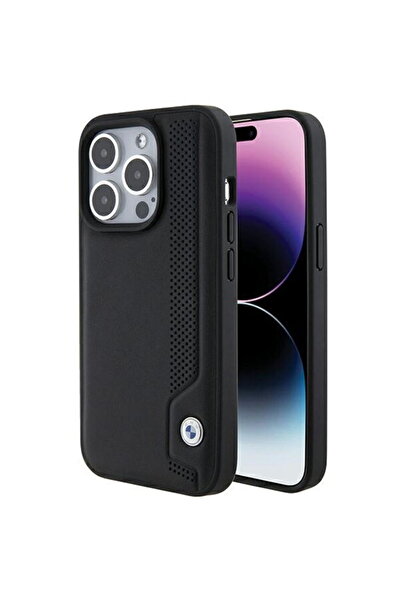 BMW iPhone 15 Pro Max - Husă rigidă din piele perforată cu puncte albastre (B...