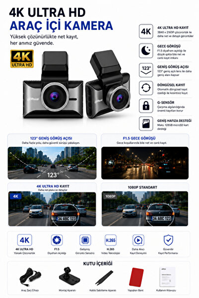 DAHUA S10 4K G-Sensör Gece Görüş Destekli Döngüsel Kayıt Yapabilen Geniş Açılı Wi-Fi Mobil Uygulamalı Ön ve Arka Çift Araç İçi Kamera (DAHUA TÜRKİYE GARANTİLİ)