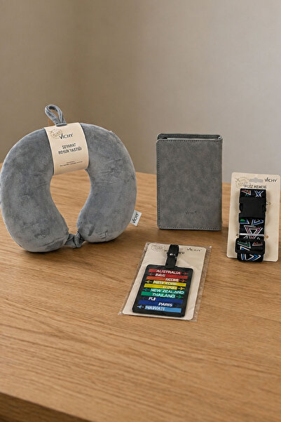 Travel Set Neck Pillow Passport Case Suitcase Belt & Label 4pcs Travel Set GREY