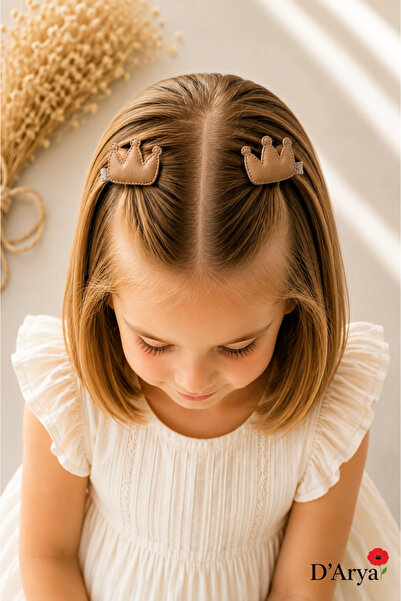 Darya Dd429 Leather Tan Mini Crown Model Hair Clip Barrette (Set of 2) Baby Kids