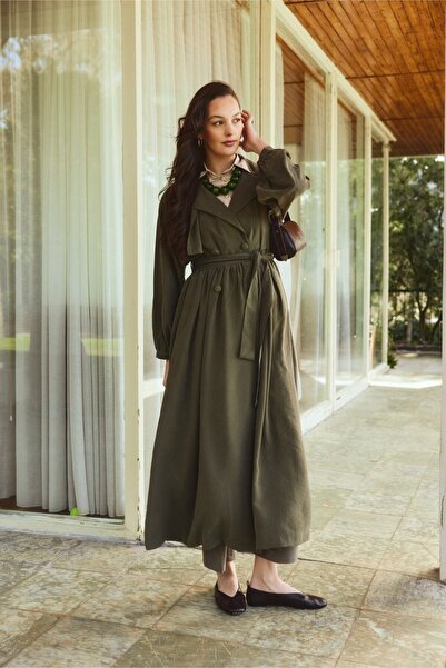 ZÜLAYS Ruched Modal Trench Coat Khaki