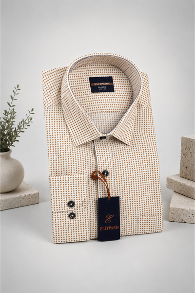 elitpark Exclusive Square Cotton Pocketed Beige Patterned Men's Shirt