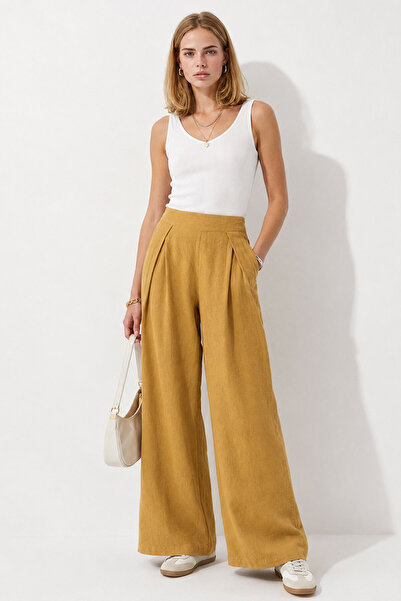 VENA Wide-Legged Flowy Linen Trousers-Copper