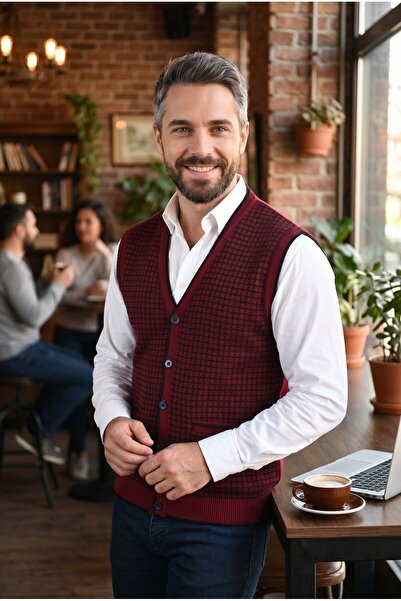 Kamalı Muški bordo vest od tkanine koja ne stvara grudvice, standardnog kroja...